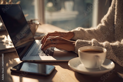 Close-up of woman working on laptop, coffee and phone