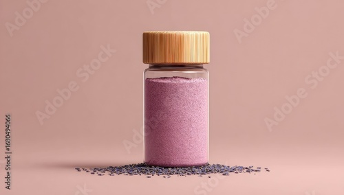 Pink powder in a clear glass jar with a light brown wooden lid, surrounded by scattered lavender seeds on a pale pink background