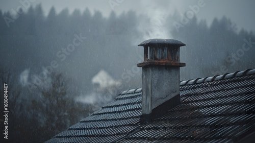 Smoking chimney on misty rooftop in rural village.
