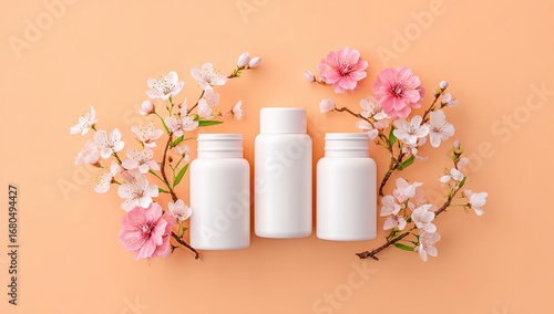 Three blank white bottles, surrounded by delicate pink and white cherry blossoms, set against a pale peach background