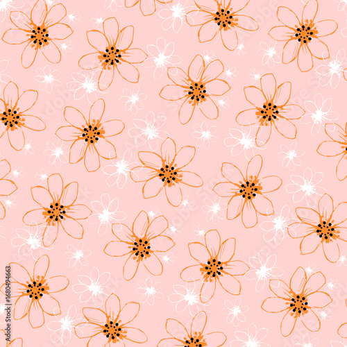 Pattern con fiori arancio e bianchi su sfondo rosa. Illustrazione vettoriale delicata per tessili, sfondi, cartoline