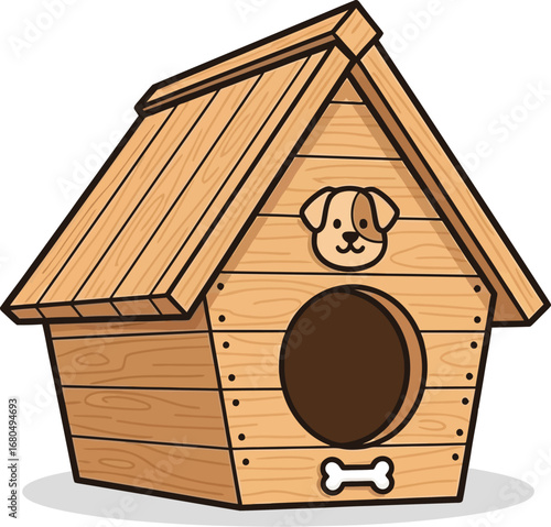 Cute Wooden Doghouse Icon with Bone and Round Entrance Vector illustration