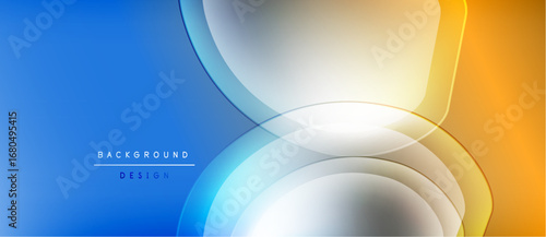 Abstract background features flowing curves, gradient colors. Blue, orange, white blend smoothly creating modern design.