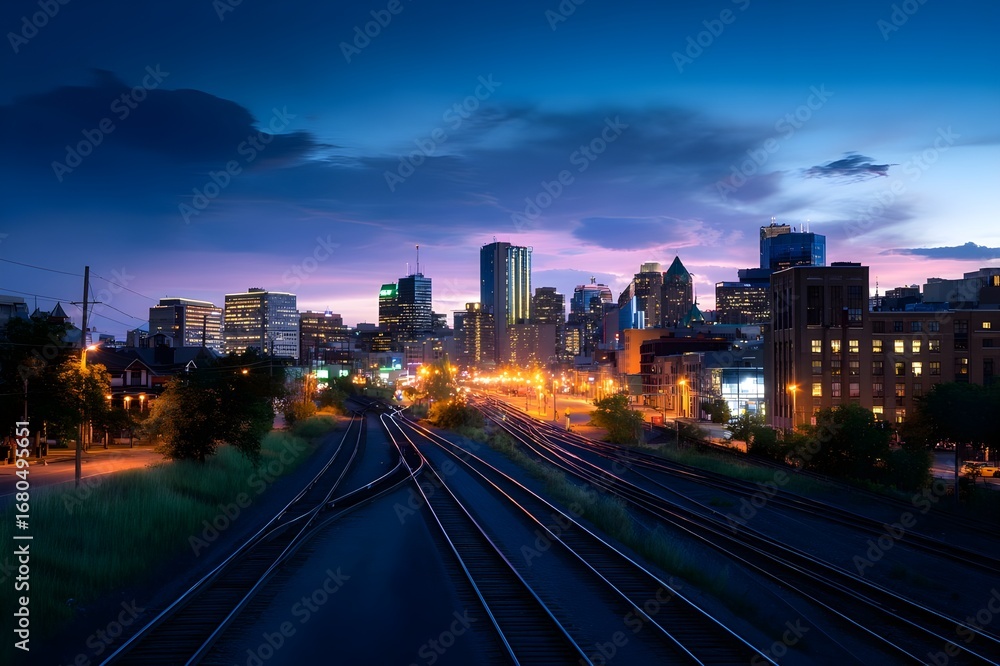 Fototapeta premium Witness the mesmerizing city skyline, a vibrant urban photograph illuminated by neon-lit twilight.