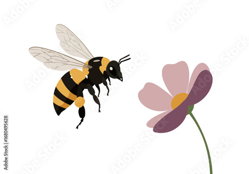 A bee flies toward a flower with pink petals and a yellow center on a green stem