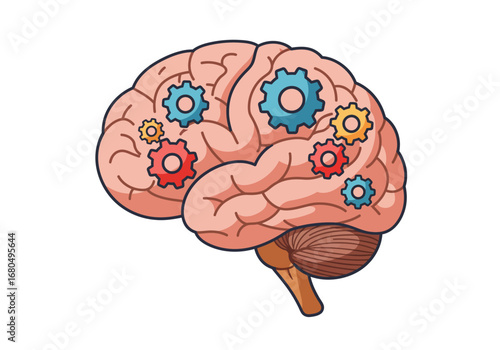 A brain illustration with visible cogsgears in blue yellow and red tones