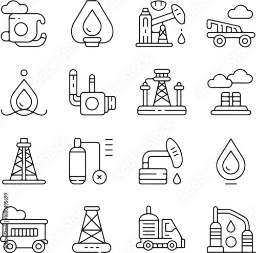 Set of 16 outline icons related to the oil and gas industry energy petroleum