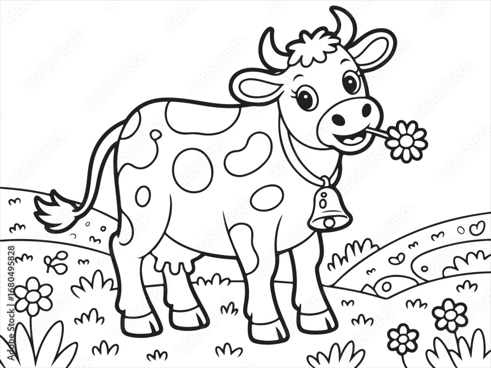 Naklejka premium Black and White Cartoon Cow Drawing for Farm or Animal-Themed Designs.