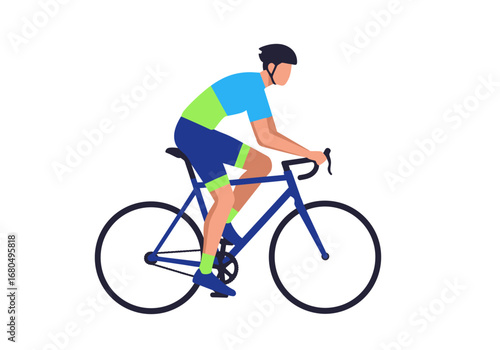 A cyclist in a greenblue jersey rides a blue road bicycle