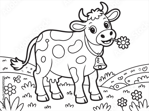 Black and White Cartoon Cow Drawing for Farm or Animal-Themed Designs.