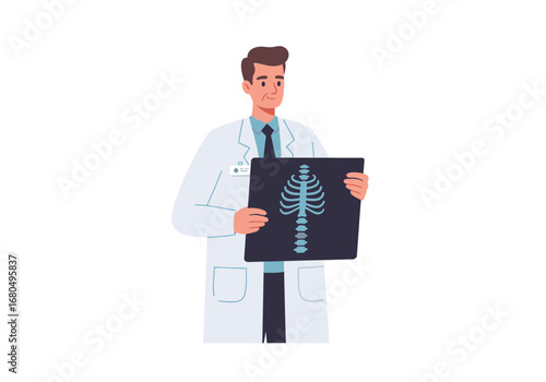A doctor wearing a lab coat and holding an Xray of a spine