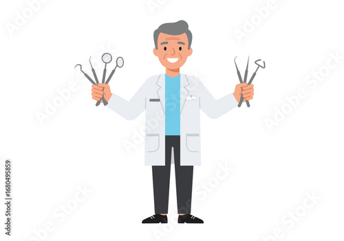 A dentist smiles while holding dental tools in both hands
