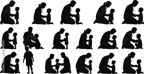 Doctor silhouette with child, pediatric healthcare, medical checkup, nurse consultation, patient care, hospital treatment, health examination, doctor and kid interaction