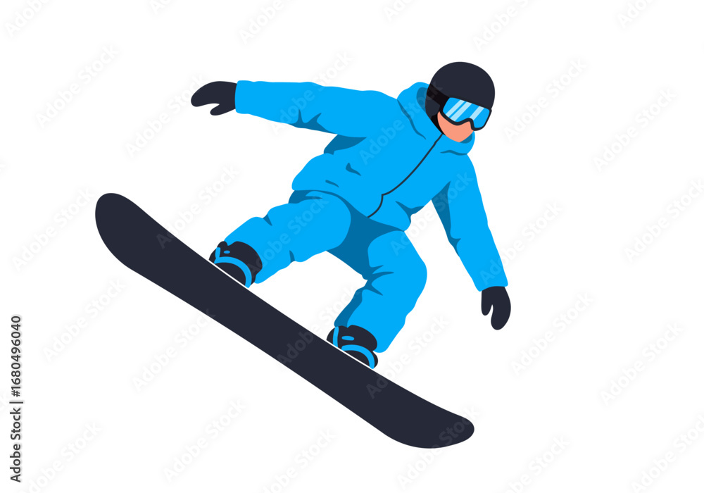 Fototapeta premium A person in a blue ski suit snowboarding with a black board and a black helmet on a white background