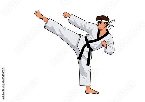 A martial artist in a white uniform performs a high kick
