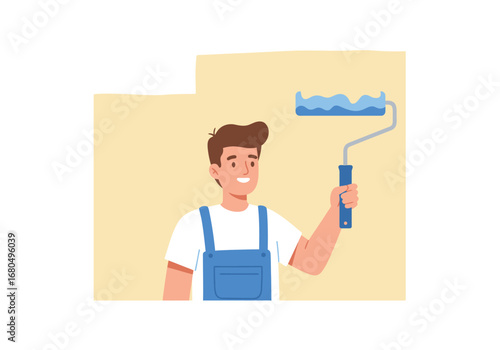 A painter with a blue paint roller and overalls stands in front of a pale yellow wall