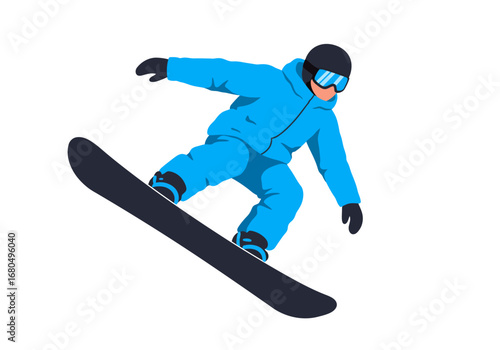 A person in a blue ski suit snowboarding with a black board and a black helmet on a white background