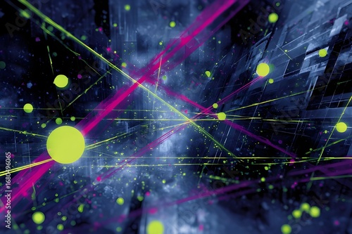 Explore dynamic chartreuse, fuchsia, and slate geometric webs, creating captivating visual art.