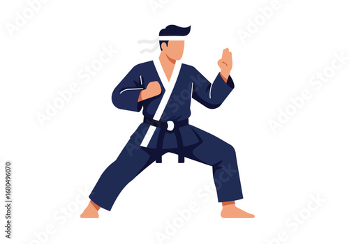 A person in a martial arts stance wearing a blue uniform and a white headband
