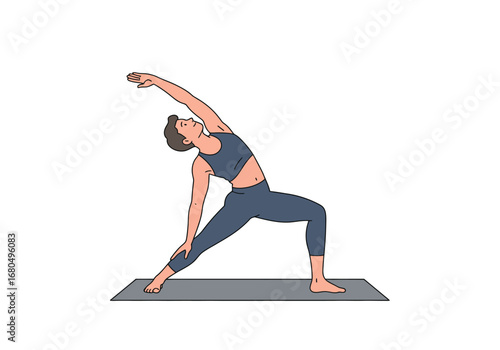 A person is doing yoga on a mat with their left arm bent and their right arm extended above their head