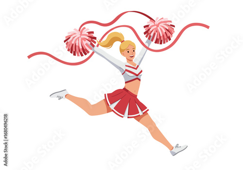 A smiling cheerleader leaps holding pompoms above her head in a split