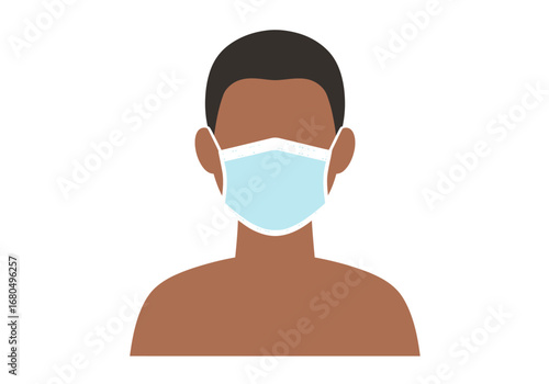 A stylized shoulderup vector illustration of a person with brown skin wearing a light blue surgical mask