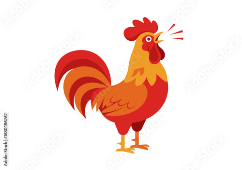 A stylized red and orange rooster stands crowing