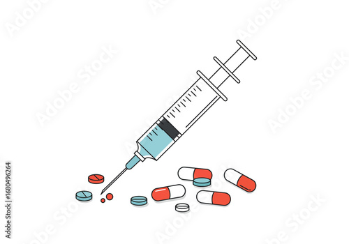 A syringe with blue liquid surrounded by various red and blue pills