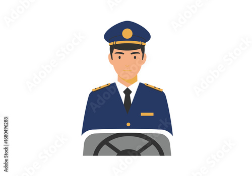 A uniformed pilot with a navy blue hat and jacket is seen driving a vessel