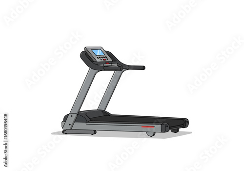 An isolated treadmill featuring a gray frame black belt and a console with a blue screen and buttons