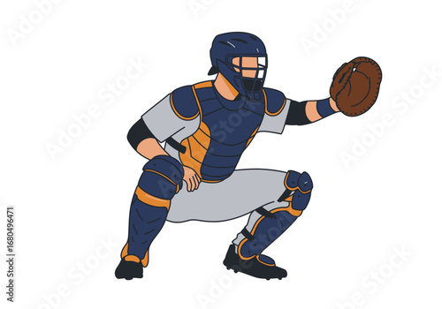 Baseball catcher in full protective gear crouched with glove ready