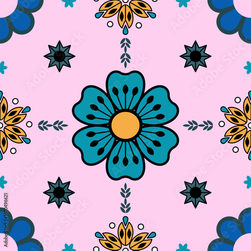 seamless floral pattern, Sea green and yellow flowers on a beautiful pink background. Can be used to make fabric patterns.