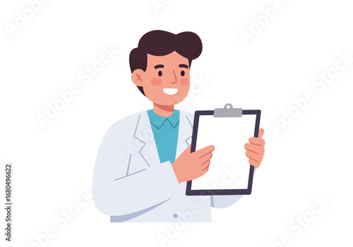 Cartoon doctor holds clipboard smiling fairskinned dark hair and blue top wearing white lab coat
