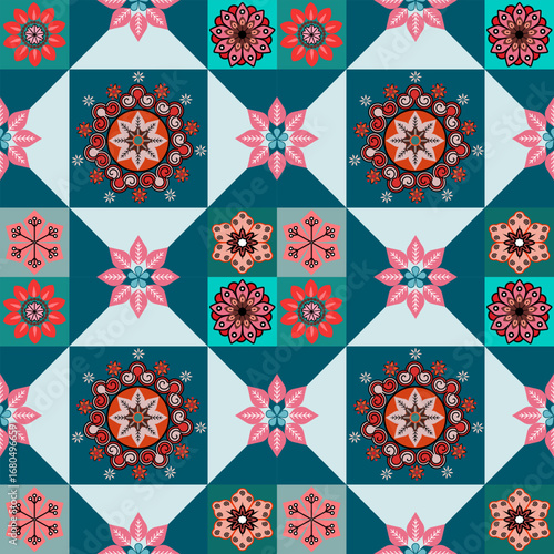 seamless floral pattern, Colorful flowers are placed in the blue-green and light blue squares.