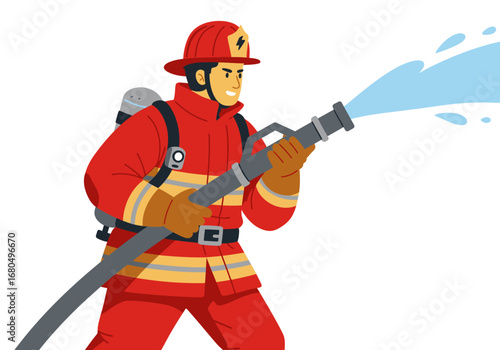 Cartoon fireman in red suit  helmet spraying water from hose