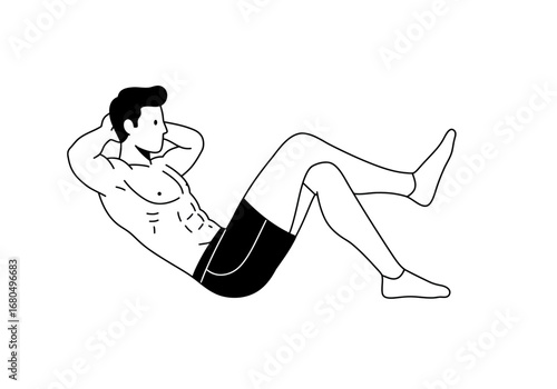 Cartoon man exercising is lying on his back hands behind head legs raised in the air doing crunches