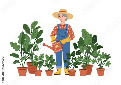 Elderly woman in overalls watering potted plants with a decorated watering can
