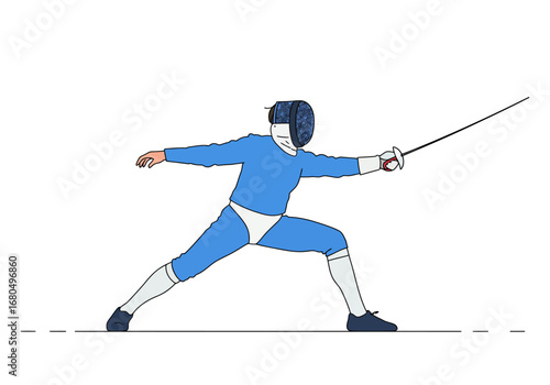 Fencer with protective gear strikes a lunge with a foil captured in a dynamic action pose against a white background