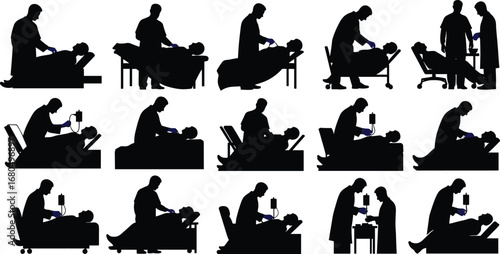 Doctor treating patient silhouette, hospital medical staff, healthcare vector illustration, clinical examination, patient care, diagnosis treatment, emergency medicine, healthcare service