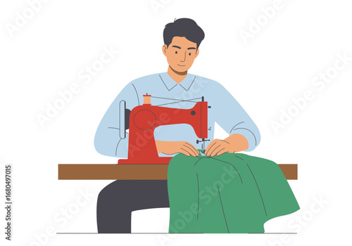 Man using a red sewing machine on green fabric at a brown table