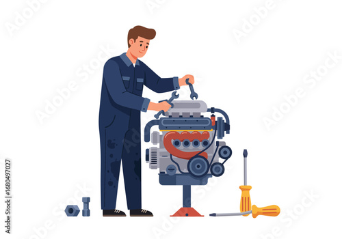 Mechanic in blue coveralls fixes a car engine with wrenches and screwdrivers