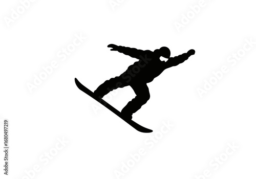 Silhouette of snowboarder midair leaning forward with arms extended for balance