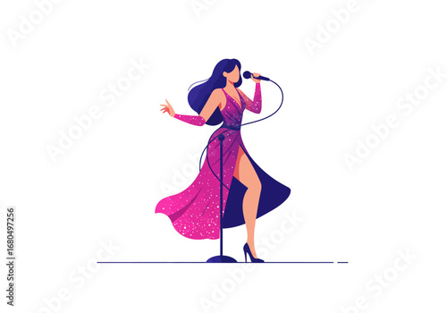 Singer in gown with microphone on stage striking a pose