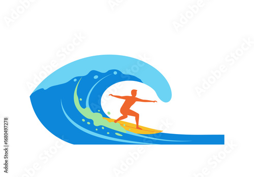 Surfer on a wave riding a yellow surfboard in a stylized design
