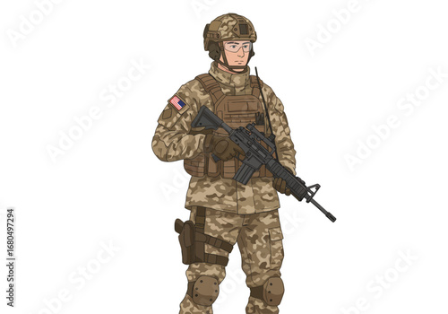 Soldier in camouflage uniform helmet and holding a rifle