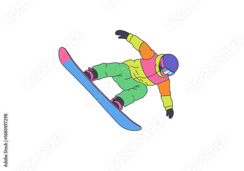 Snowboarder in vibrant gear leaps with a blue board ready for action