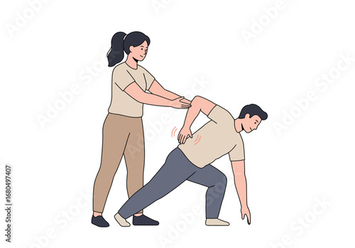 Woman assisting man with back pain hes bending over