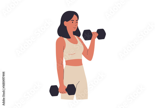 Woman in beige workout clothes curling black dumbbells