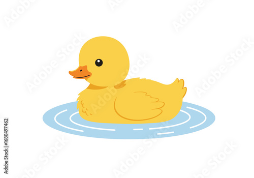 Yellow duckling on blue water side view orange beak