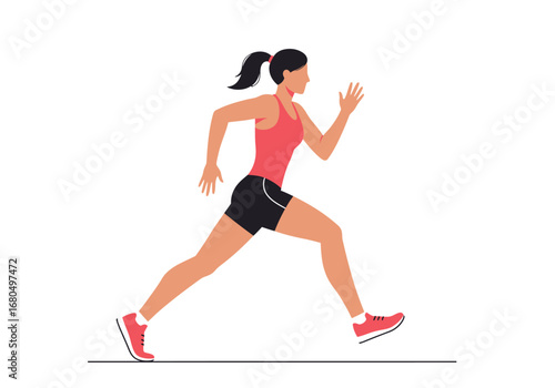 Woman with ponytail running in a pink tank top black shorts and pink shoes